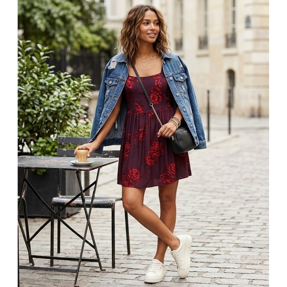 Old Navy Flare Dress Large Burgundy Red Floral Square Neck‎ Smocked Fit READ